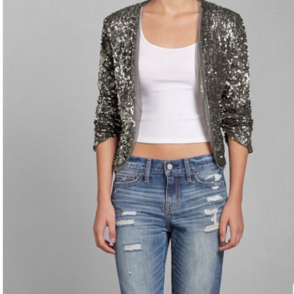 NWT Abercrombie & Fitch gray/silver sequin cardigan XS - Picture 1 of 7